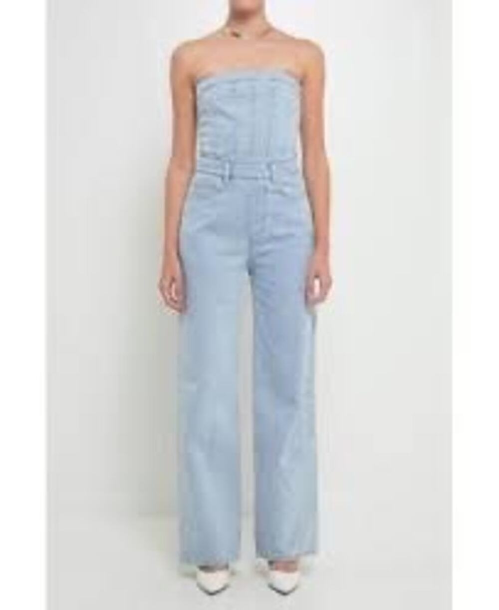 Gray Lab Corset Denim Strapless Jumpsuit Womenโs Medium